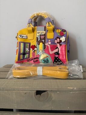 Colorful Appliqué Satchel with Yellow & Purple Accents